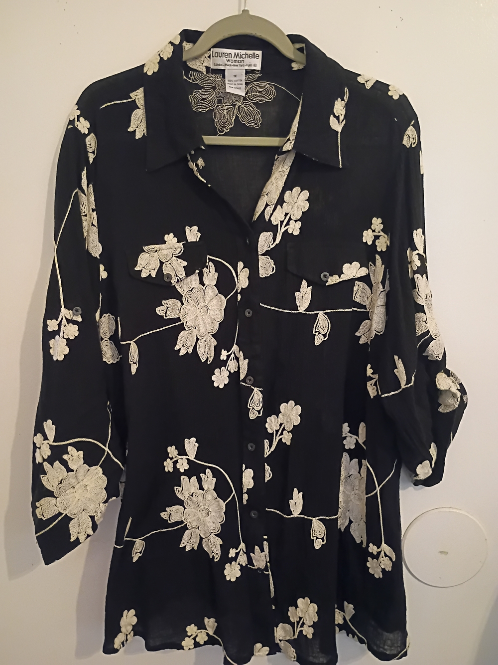 VTG Lauren Michelle Black Floral Button-up n Tunic Top Cotton Sz 1X